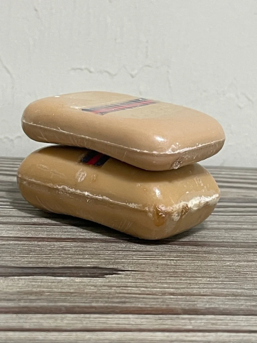 Vintage 70s Gucci Soap Bars Set of 2 Logo Embossed Tan New in Original Packaging